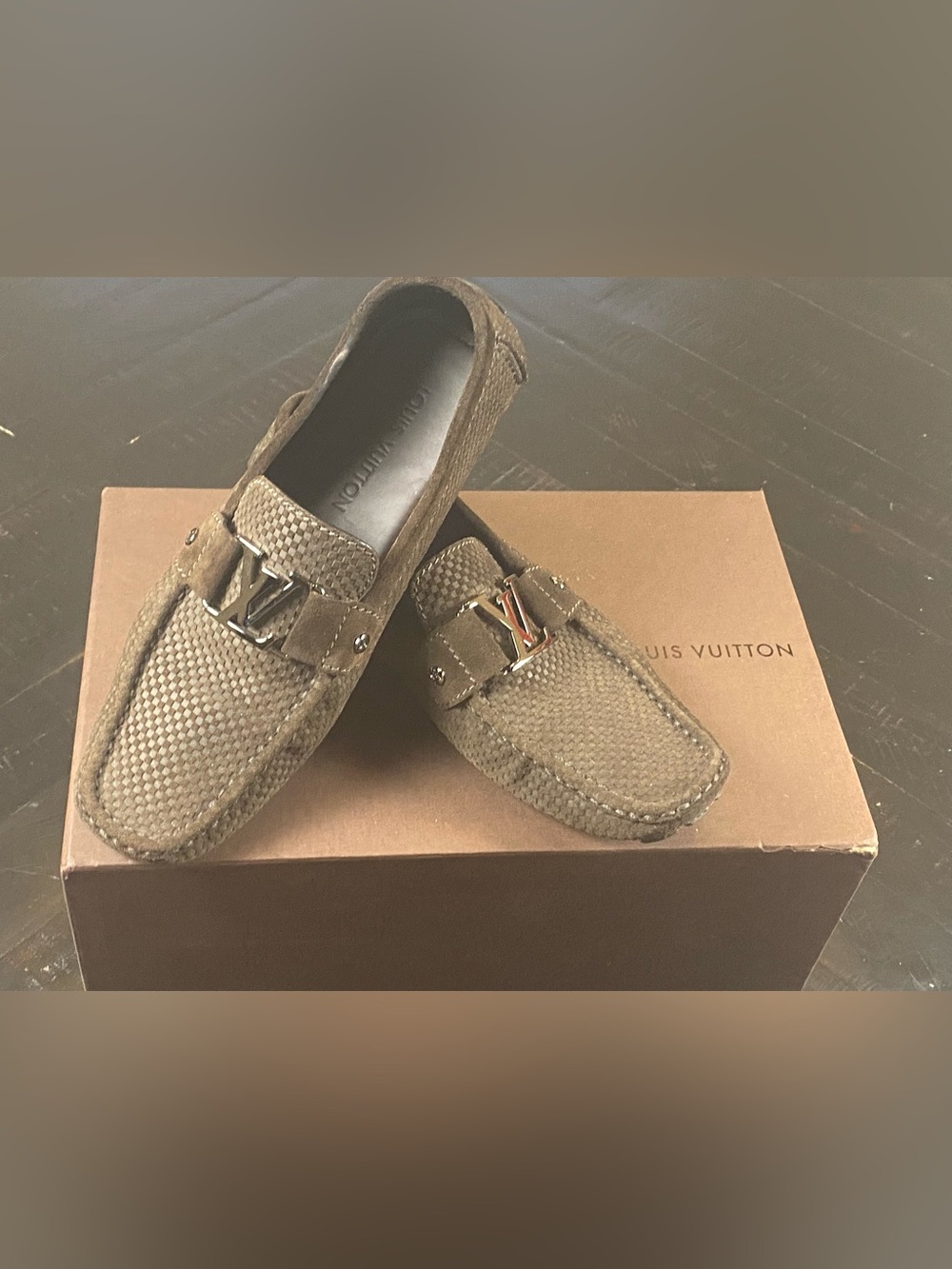 Louis Vuitton Olive Taupe Woven Suede Driving Loafers with LV Buckle